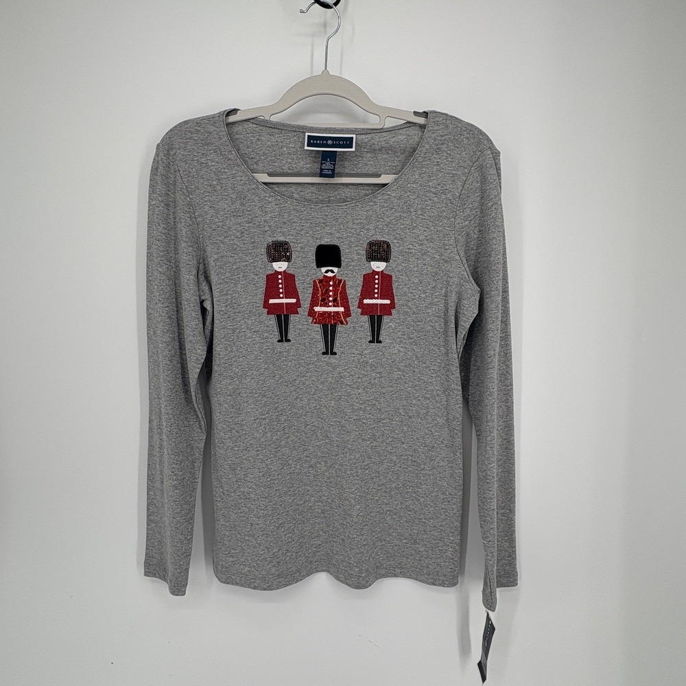 Karen Scott Christmas Holiday Top Small Gray Nutcracker UK Soldiers Guards NWT